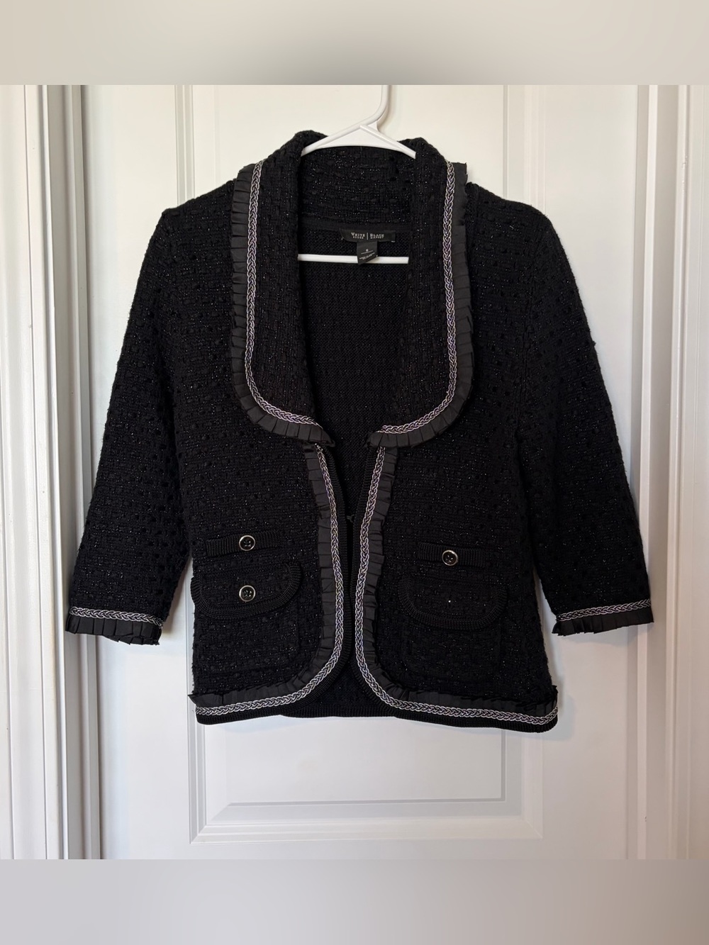White House Black Market Black Open-Front Trimmed Bouclé cardigan
Size S